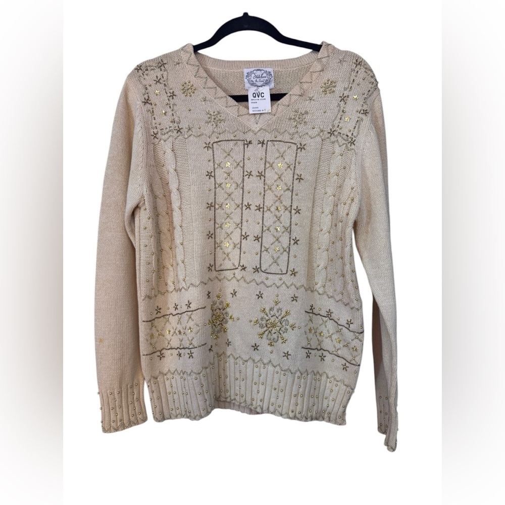 Stitches in Time Cream White Winter Christmas Sweater NWT size M‎ Beaded